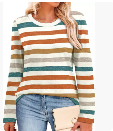 Women's Striped Pattern Round Neck Long-sleeved Sweater