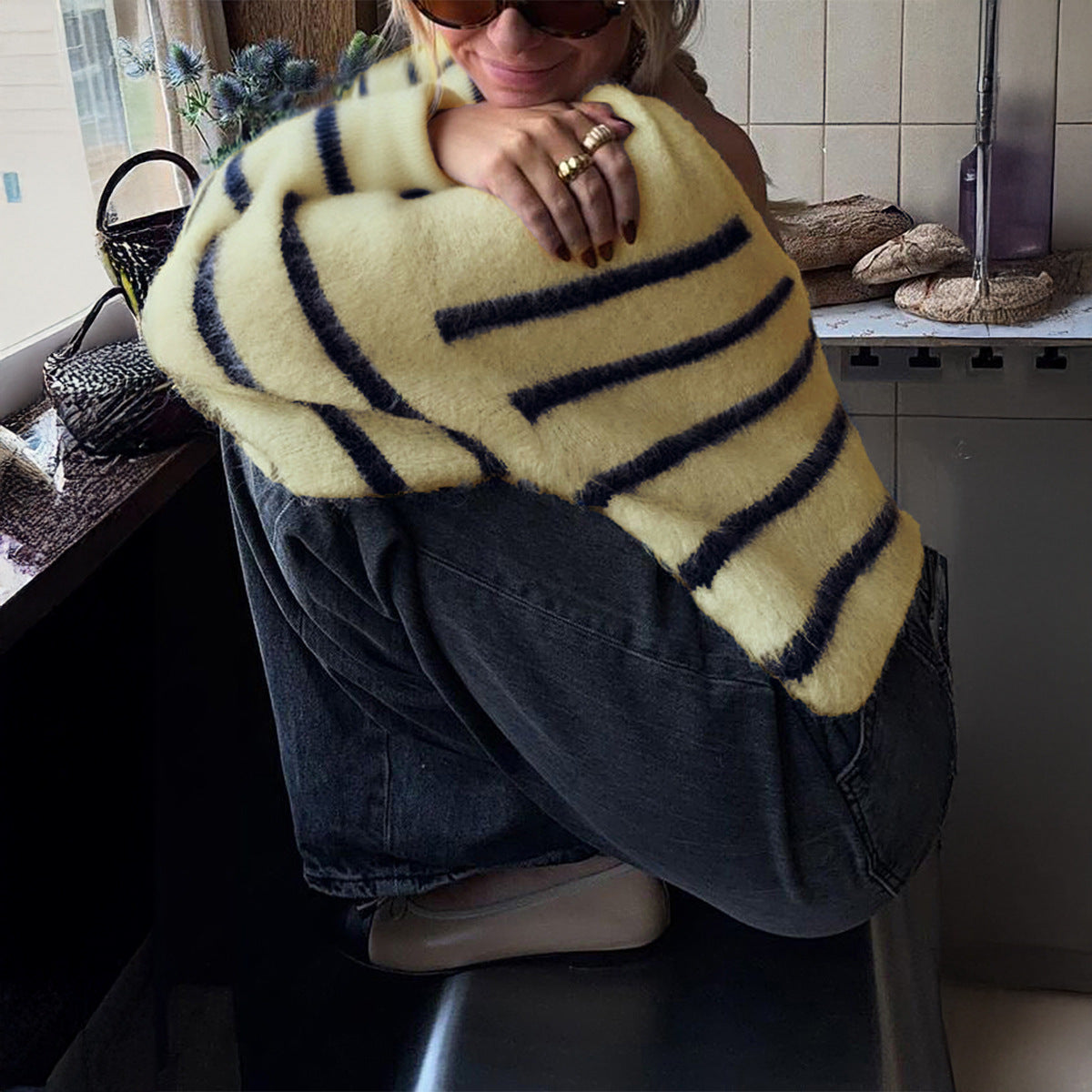 European And American Casual Striped Knitted Long-sleeved Top