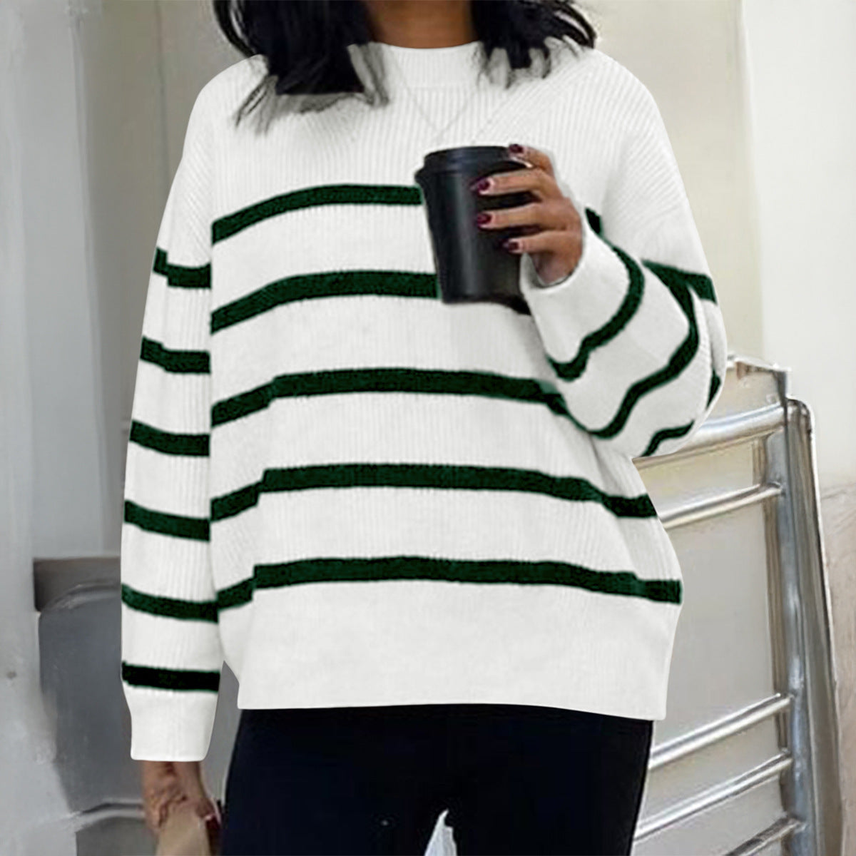 European And American Casual Striped Knitted Long-sleeved Top