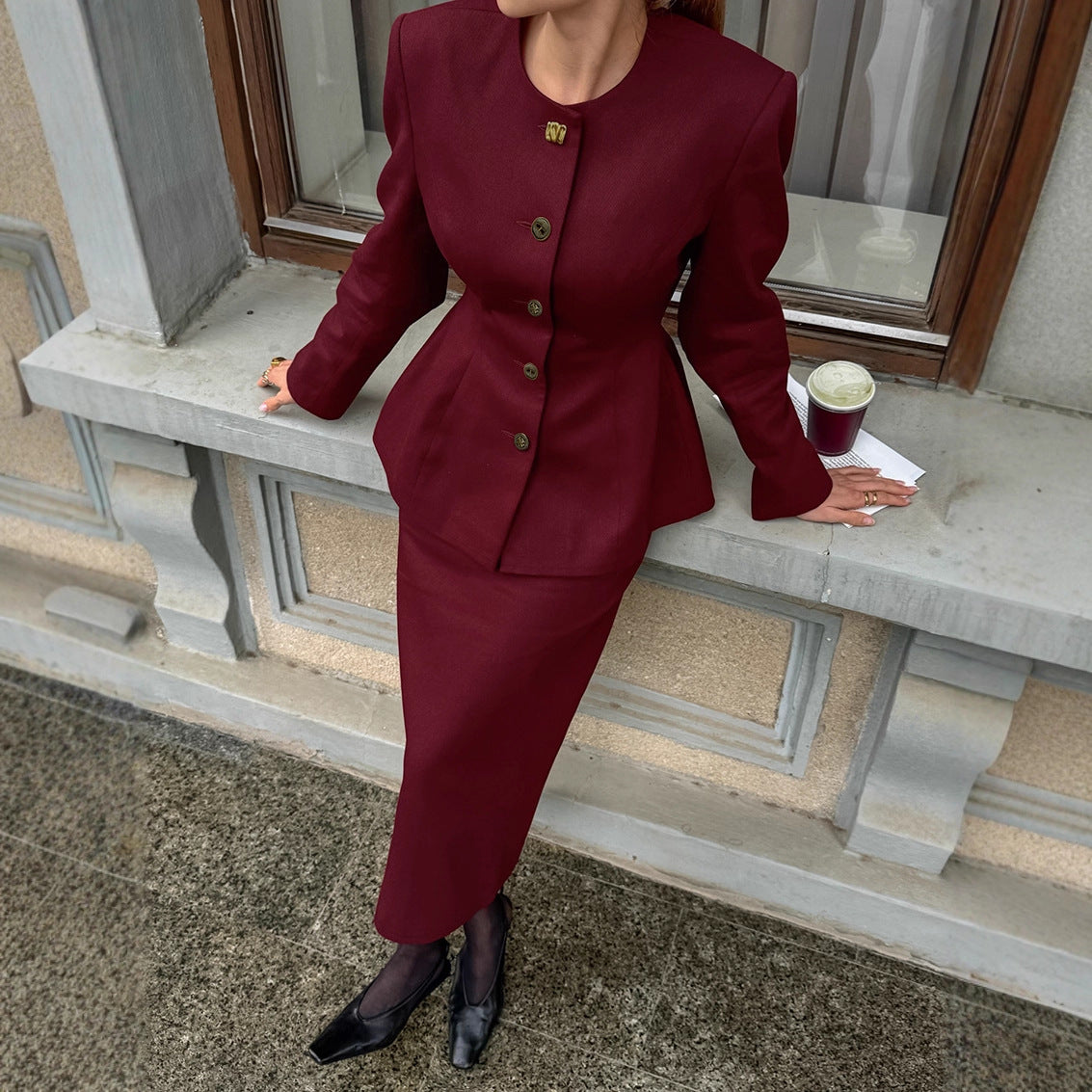 Round-neck Long-sleeved Jacket With Slit Skirt Women's Fashion Casual Two-piece Set