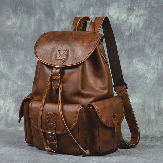Genuine Leather Retro Backpack, Casual Soft Leather Bag, Hiking Backpack